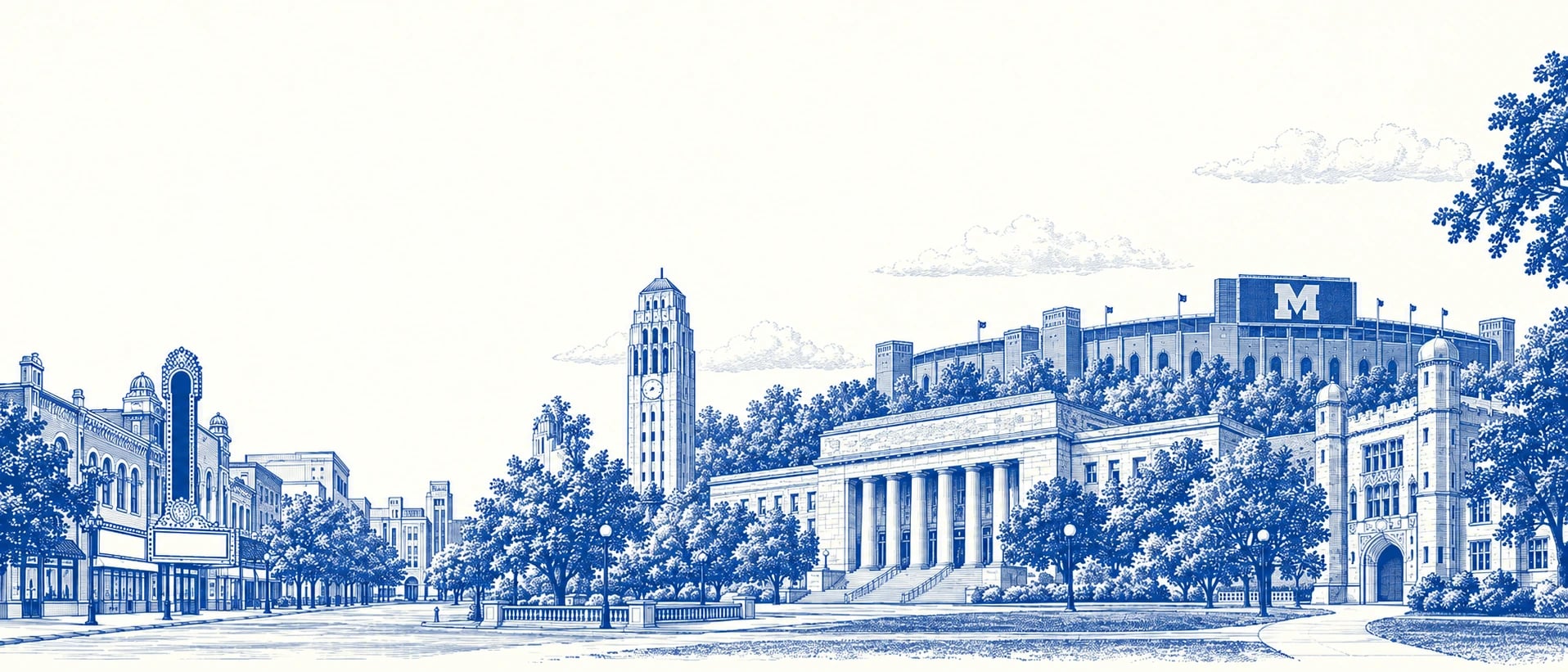 Engraved panorama of Ann Arbor: State Street’s theaters, Burton Memorial Tower, Angell Hall, the Law Quadrangle and the Big House